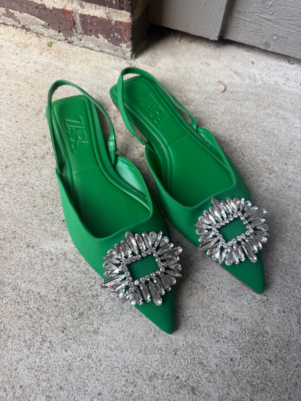 Zara Green Crystal-Embellished Pointed Slingback Flats
